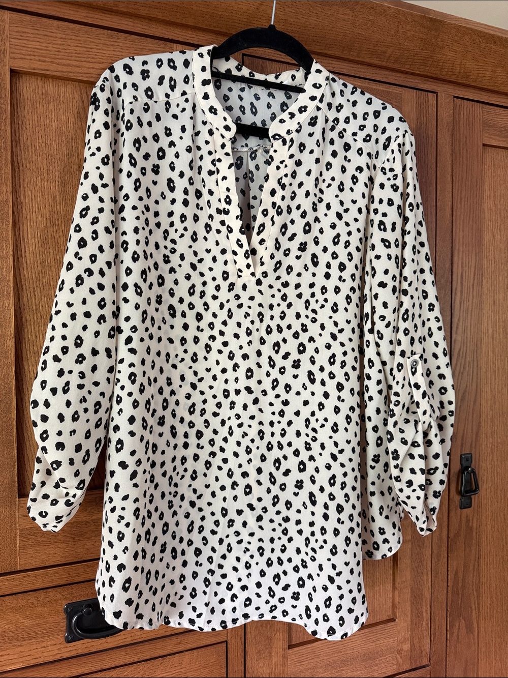 Women's Black and Creme Leopard Print V-Neck Blouse
